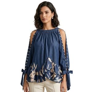 Chic Me Women's Boho Blouse Sz L Blue Floral Off Shoulder Peplum Top Long Sleeve
